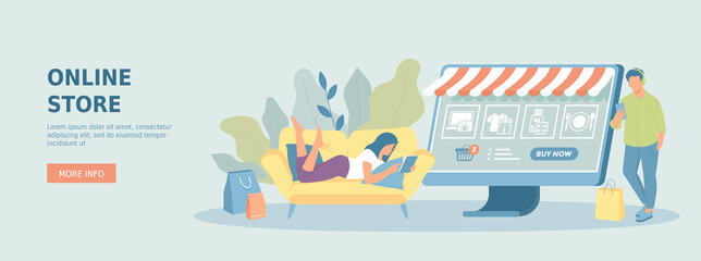 Online store, supermarket website. E-commerce and retail. Girl and man choose grocery online and make an order. Promotional web banner. Cartoon flat vector illustration with people characters.