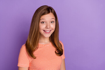 Fototapeta premium Portrait of attractive cheerful brown-haired girl good mood copy space isolated over bright violet purple color background