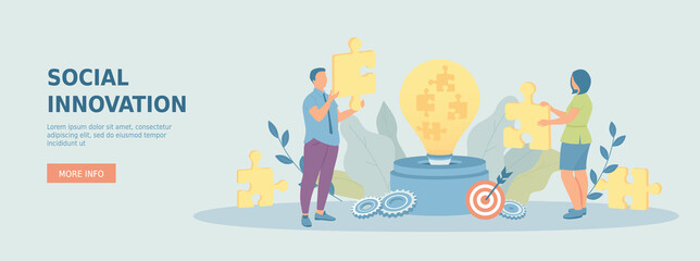 Social innovation. Woman and man discuss problems and solutions, connecting puzzles. Generation an idea in a form of light bulb. Promotional web banner. Cartoon vector illustration with people