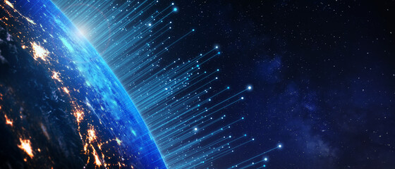 Telecommunicatietechnologie met verbindingen rond de aarde gezien vanuit de ruimte. Internet, IoT, cyberspace, wereldwijde business, innovatie, big data science, digitale financiën, blockchain. Elementen van NASA