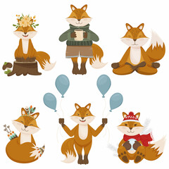Set of funny cartoon foxes. The fox is meditating, holding balloons, drinking coffee, holding a snowball, boho style, sitting on a tree stump. Vector image of animals in various poses