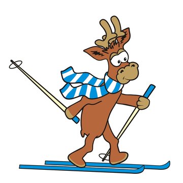 reindeer skiing, funny vector illustration