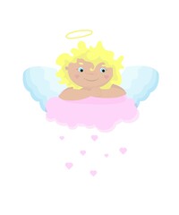 Cupid is lying on a cloud. A sweet young man with golden hair and a halo over his head. Vector illustration