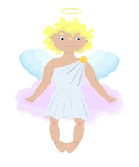 Cupid is sitting on a cloud. Cute boy with a halo above his head. Valentine's Day. Vector illustration