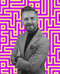 Black and white portrait of a stylish elegant senior businessman with a beard and casual business...