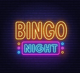 Bingo Night neon sign on brick wall background.