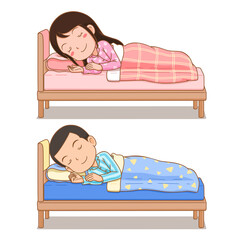Cartoon character of boy and girl sleeping in bed.