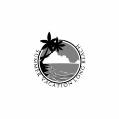 Beach landscape logo with coconut trees, waves and sun