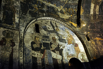 Ruined murals of the Church of the Dormition in Vardzia cave monastery in Georgia