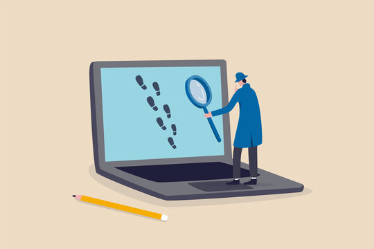 Website visitor tracking or digital footprint, analyze user behavior or track bounce rate concept, businessman detective using magnifying glass to track visitor footpath on laptop computer.