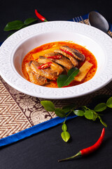 Thai food concept Thai coconut milk red curry duck in white ceramic soup plate with herbs thai style background and copy space