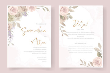 Wedding invitation template set with floral and leaves decoration