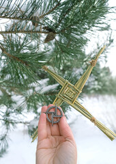 ireland handmade amulet from straw, magic witchcraft doll on snowy pine tree. Brigid's cross -...