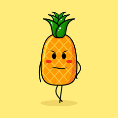 cute pineapple character with cool expression. green and yellow. suitable for emoticon, logo, mascot
