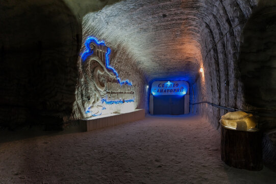 Entrance to the speleological sanatorium called Salt Symphony in salt mine in Soledar, Donbas, Ukraine