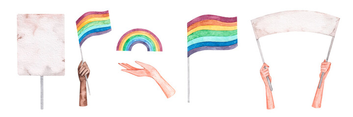 Watercolor LGBT pride set. LGBT parade. Rainbow, flag. Hands are holding banners. Lesbians, gems, bi, transekusals. Same sex love. Isolated on a white background.