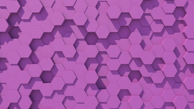purple futuristic prismatic hexagons, honeycomb, six, movement on a minimalistic background. The concept of design and technology. 3d animation. Grid