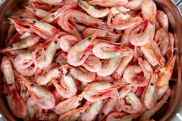 Pink fresh frozen shrimps with ice in supermarket or fish shop. Uncooked seafood close up background. Fresh frozen prawns, delicacies, sea food concept, close up.
