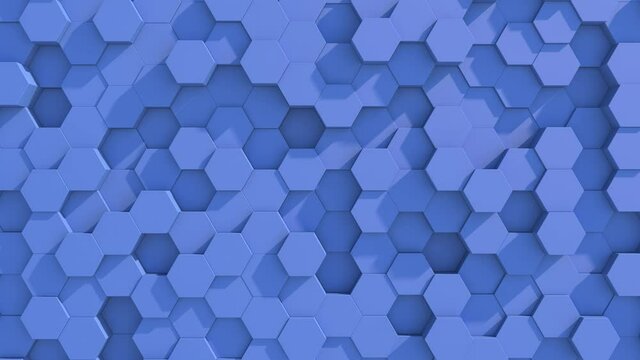 Abstract dark blue hexagon motion background. 3D animation of a blue hexagons rising up and down randomly. Top view, close-up motion, seamless loop.