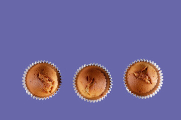 cupcakes flat lay view against purple background