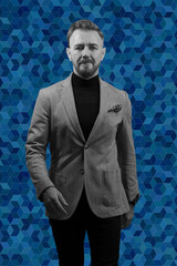 businessman walking forward wearing a causal suit, handsome senior business man hero shot portrait...