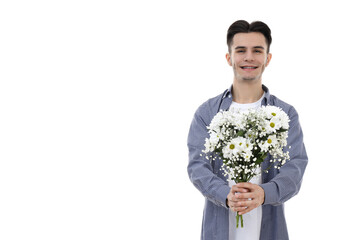 Attractive guy with bouquet isolated on white background