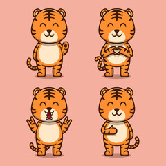 Set of cute tiger cartoon flat illustrations