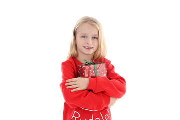 Fototapeta premium Little girl with Christmas box, isolated on white background