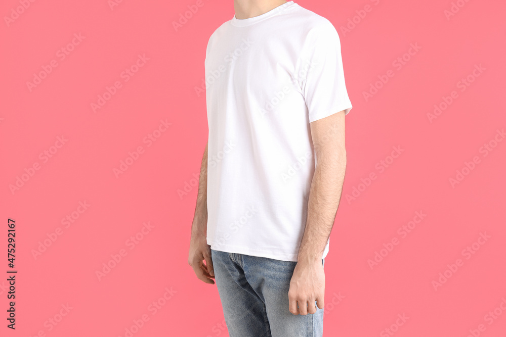 Sticker Man in blank white t-shirt on pink background