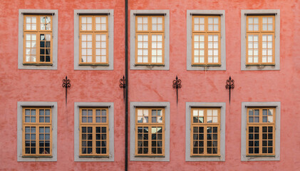 Many windows on facade of the urban historic building front view, Stockholm, Sweden
