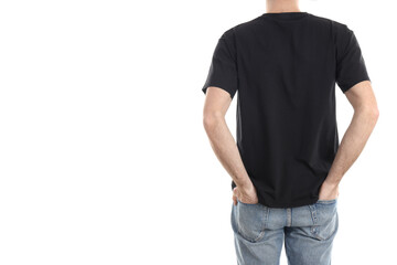 Obraz premium Man in blank black t-shirt isolated on white background