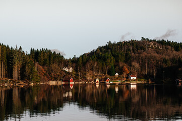 Fototapeta na wymiar Scenic landscape of village on the fjord and mountains. Beautiful nature of Norway at sunny autumn day. Lusefjord.