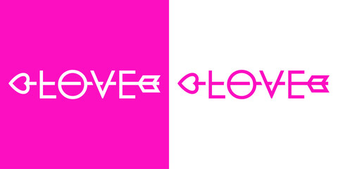 Banner con texto Love con flecha de cupido con líneas para su uso en invitaciones y tarjetas de felicitación en fondo rosa y blanco © teracreonte