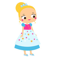Cute princess. Cartoon girl in beautiful party evening costume dress, crown.