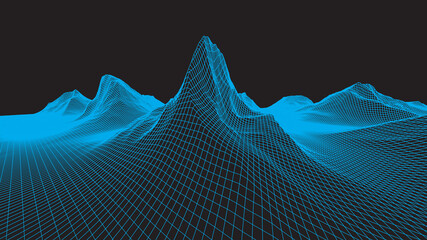 Abstract wireframe background. 3D Blue grid on black background. Technology illustration landscape. Digital Terrain Cyberspace in the Mountains with valleys. Data Array. | EPS10 Vector.