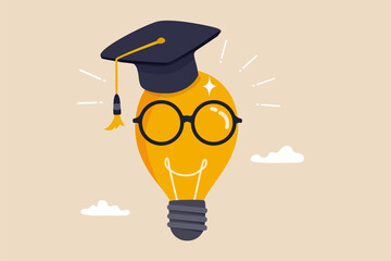 Education or knowledge is power to build creativity, idea or solution, academic or training course concept, genius bright lightbulb wearing eyeglasses and graduation hat or mortar board.