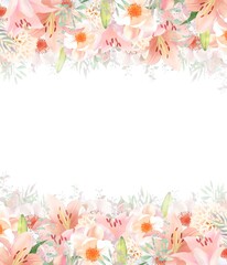 エレガントな色使いのピンク系の百合の花と白いばらとリーフの招待状フレーム素材