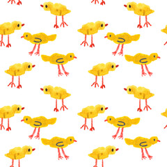 Watercolor colored seamless pattern with chickens. Illustration on a white background for packaging and fabric. Endless farming background. Children's drawing of a pet.