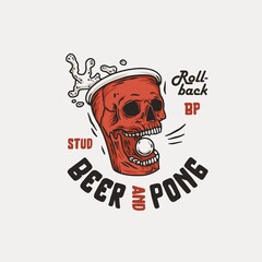 Beer pong game. T-shirt print with beer cup skull and flying ball with foam splash. Design of alcohol sport with throw and drink. College challenge with booze