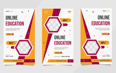 Set of social media stories template with geometric background and hexagon frame for Online Education