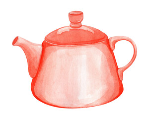 Watercolor teapot. Ceramic kitchen utensils for brewing tea. Object for warm drinks. Autumn mood. Hand drawn illustration isolated on white background.