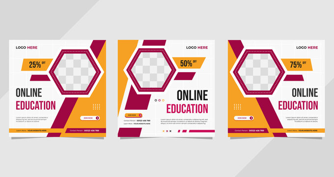 Set of social media templates with geometric background and hexagon frame for Online Education and Online class program