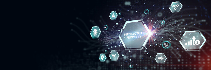 The concept of business, technology, the Internet and the network. virtual screen of the future and sees the inscription: Intellectual property.  3d illustration