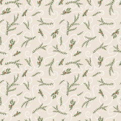 Lovely hand drawn seamless christmas pattern with branches and decoration, great for banners, wallpapers, cards, textiles - vector design