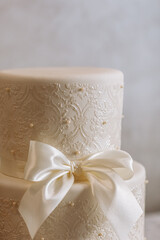 white wedding cake. Wedding cake detail - a ribbon with pearls.
