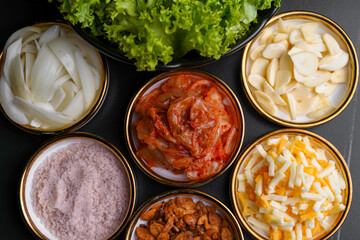 Korean Side Dish Kimchi Onion Cheese Lettuce Garlic