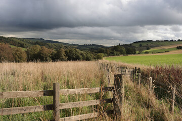 Wooden fence on farmland in the Scottish highlands.