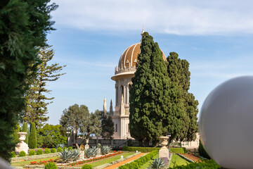 View from the decorative Bahai garden to the Bahai Temple, located on Mount Carmel in the city of...