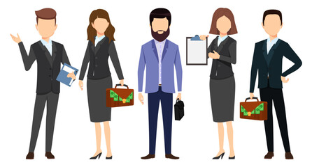 Business man and woman face less character set team standing together and posing isolated on white background holing bag clipboard files folder