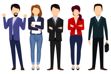 Business man and woman face less character set team standing together and posing with bag isolated